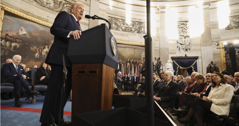 President Donald Trump speaks during the 60th Presidential Inauguration on Monday. Chip Somodevilla/Getty Images